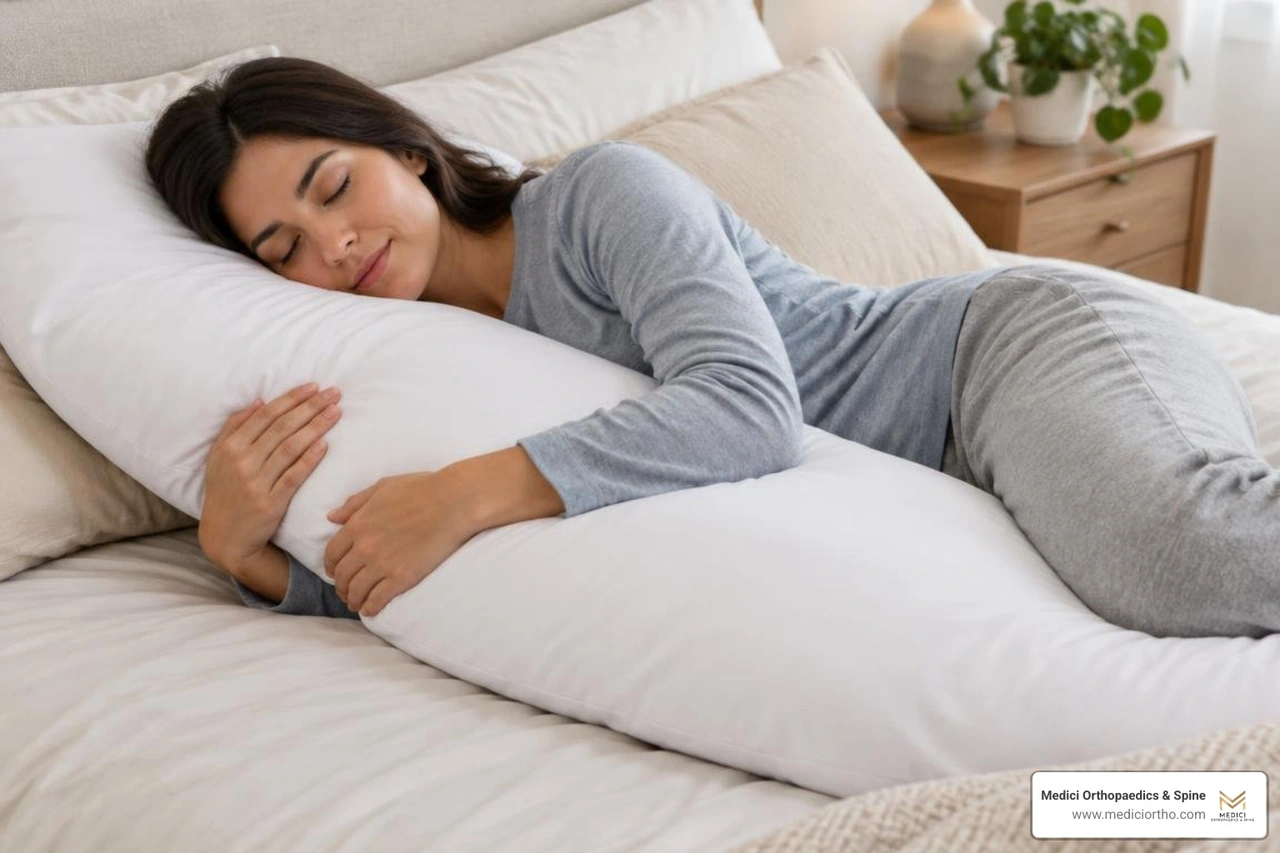 Side sleeping with supportive body pillow Side sleeping with supportive body pillow