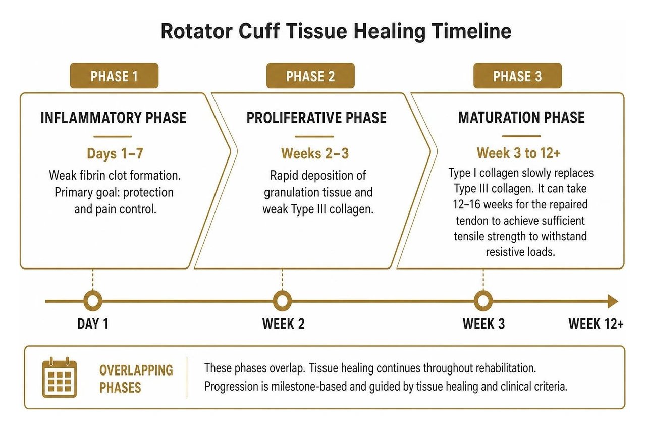 Rotator cuff tissue healing timeline diagram: inflammatory, proliferative, and maturation phases Rotator cuff tissue healing timeline diagram: inflammatory, proliferative, and maturation phases