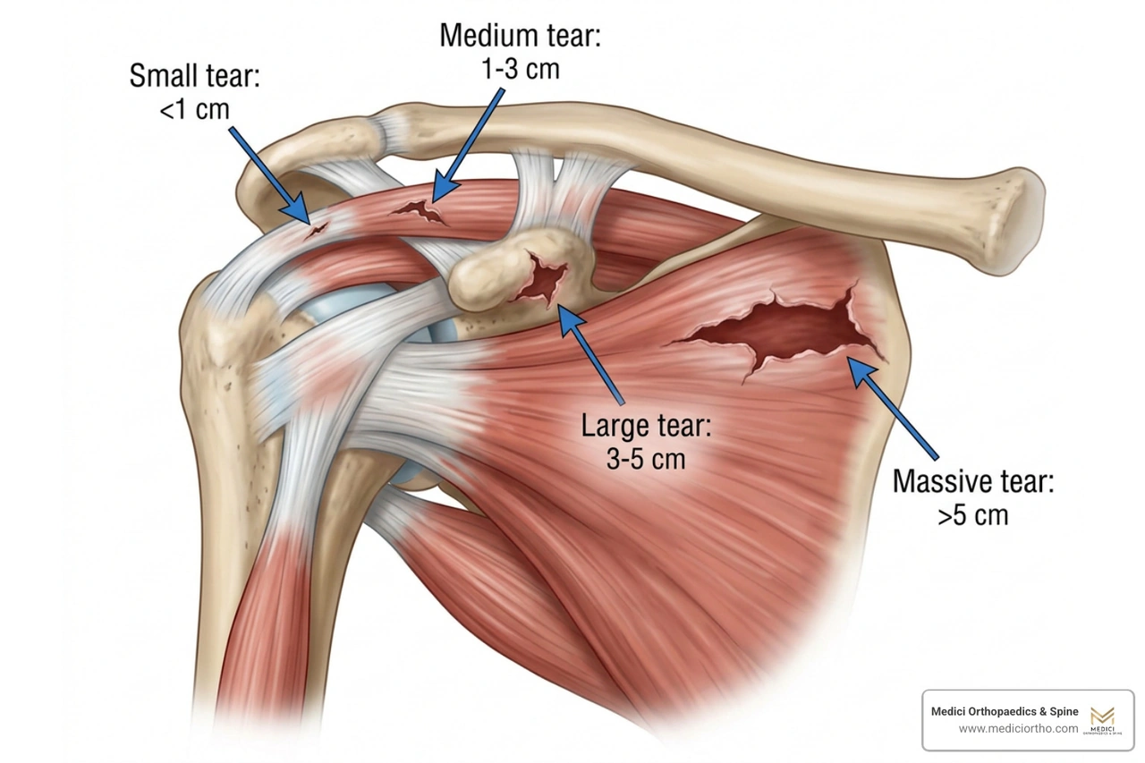Rotator cuff tear sizes classification diagram: small, medium, large, and massive Rotator cuff tear sizes classification diagram: small, medium, large, and massive