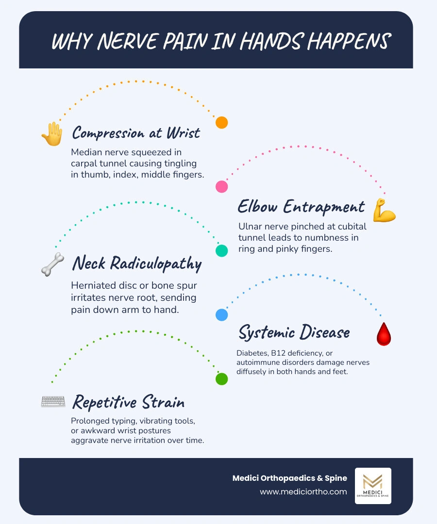 Common sources of hand nerve pain: wrist or elbow compression, neck irritation, and systemic nerve damage infographic Common sources of hand nerve pain: wrist or elbow compression, neck irritation, and systemic nerve damage infographic