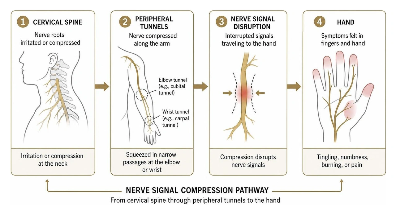Nerve signal compression pathway from cervical spine through peripheral tunnels to hand Nerve signal compression pathway from cervical spine through peripheral tunnels to hand