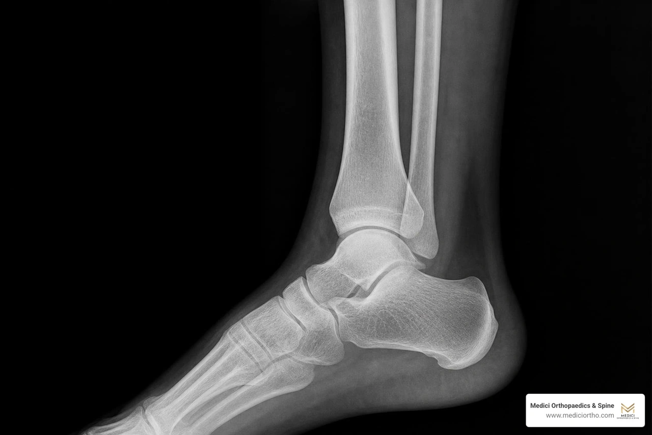 X-ray of an ankle joint showing the tibia, fibula, and talus to rule out a bone fracture