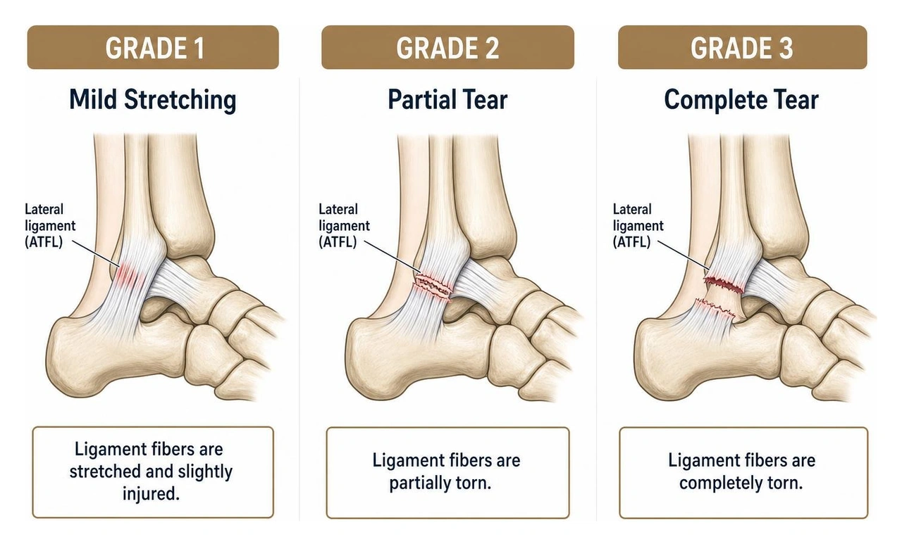 Comparison diagram of Grade 1, 2, and 3 ankle sprains showing ligament stretch, partial tear, and complete tear