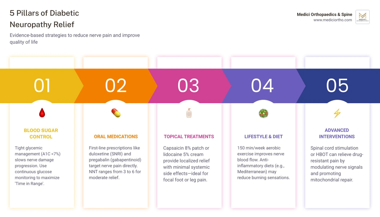 Overview of diabetic neuropathy pain relief options from medications to devices to lifestyle infographic Overview of diabetic neuropathy pain relief options from medications to devices to lifestyle infographic