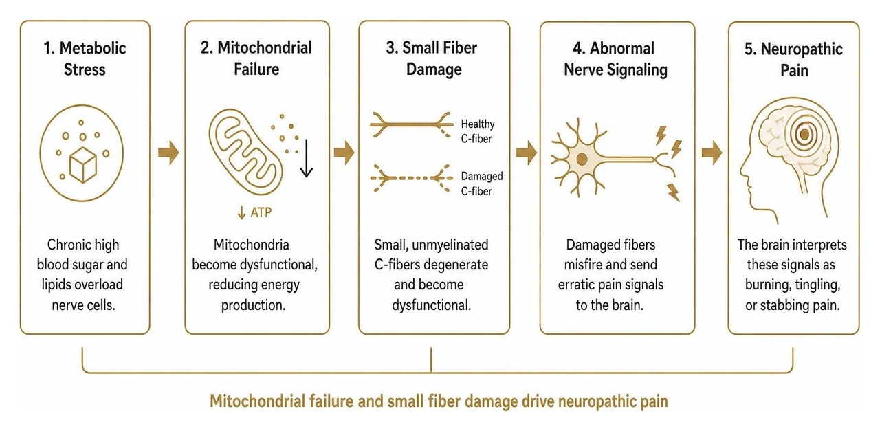 Diagram of mitochondrial failure and small fiber damage leading to neuropathic pain Diagram of mitochondrial failure and small fiber damage leading to neuropathic pain