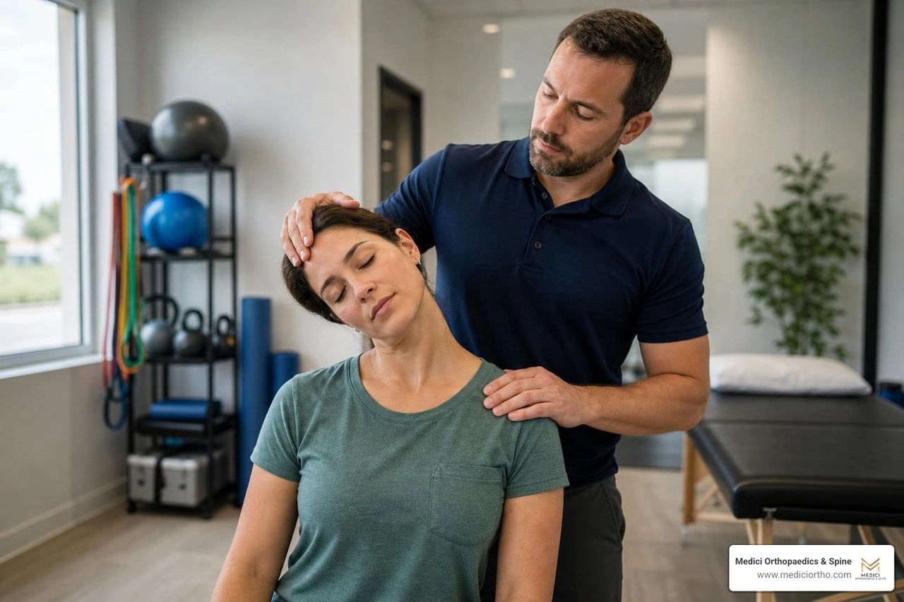 physical therapist guiding a patient through neck exercises