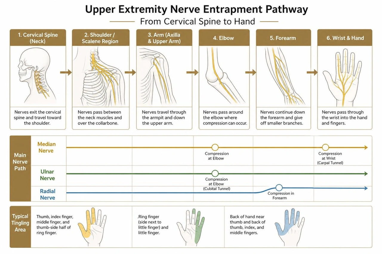 Upper extremity nerve entrapment pathway from cervical spine to hand Upper extremity nerve entrapment pathway from cervical spine to hand