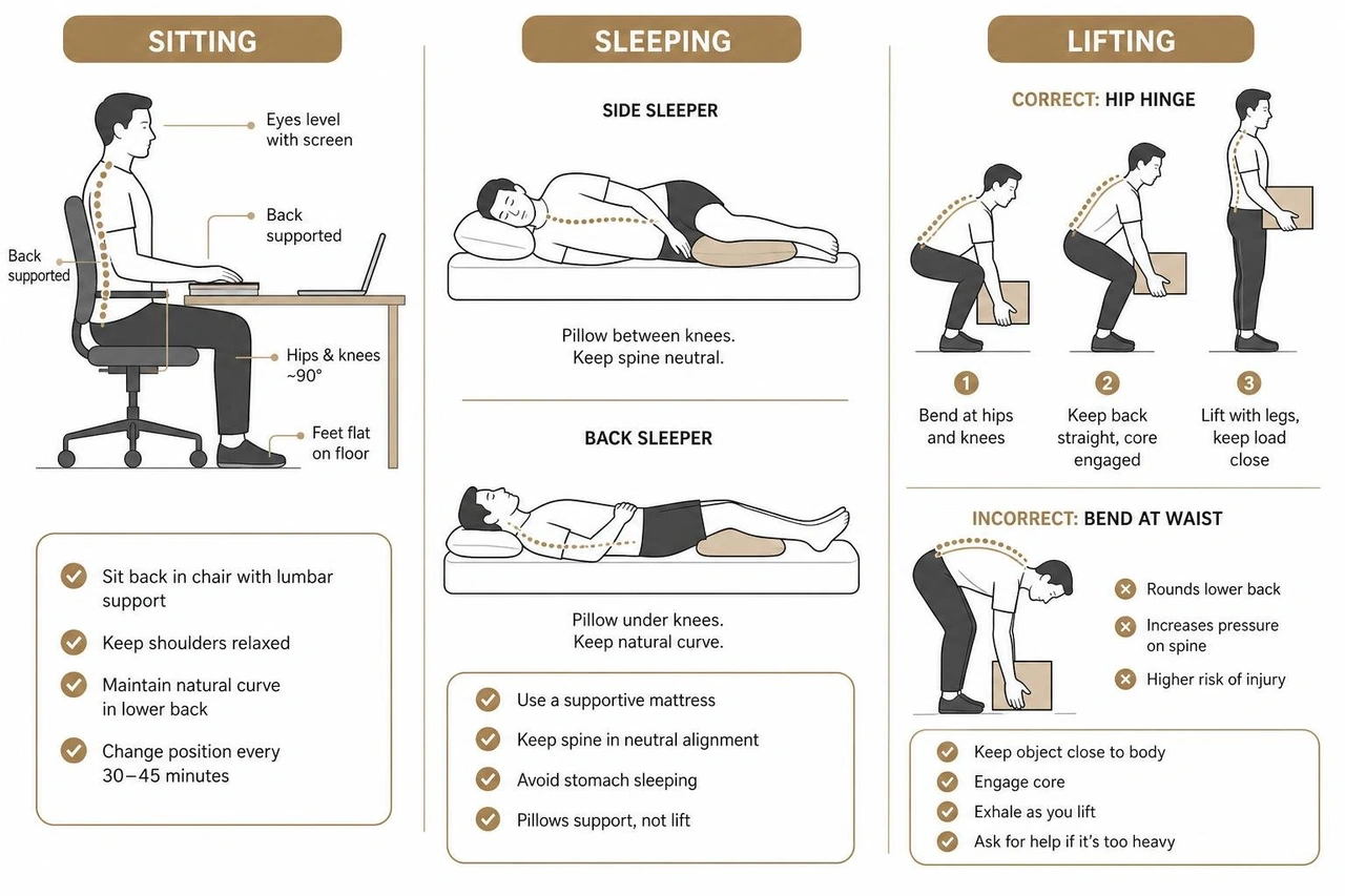 diagram showing correct ergonomic alignment for sitting, sleeping, and lifting diagram showing correct ergonomic alignment for sitting, sleeping, and lifting