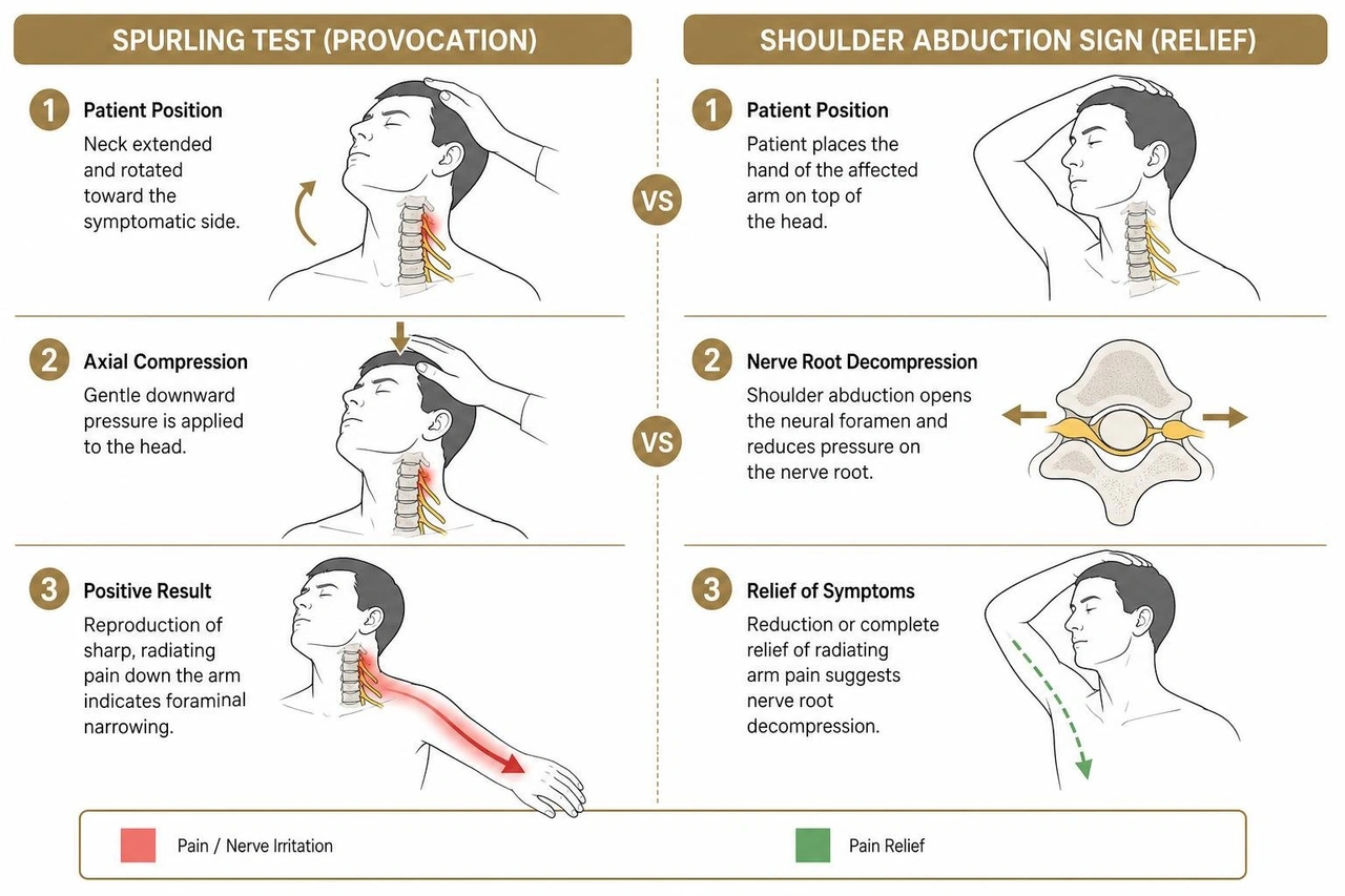 Diagram comparing Spurling test mechanism and shoulder abduction nerve relief