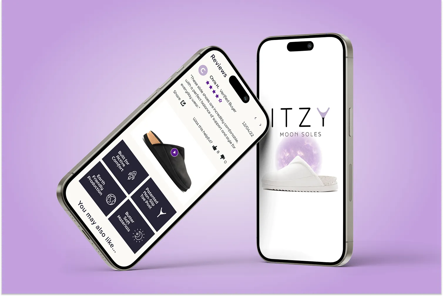 Image of ITZY mobile website on two phones on purple background