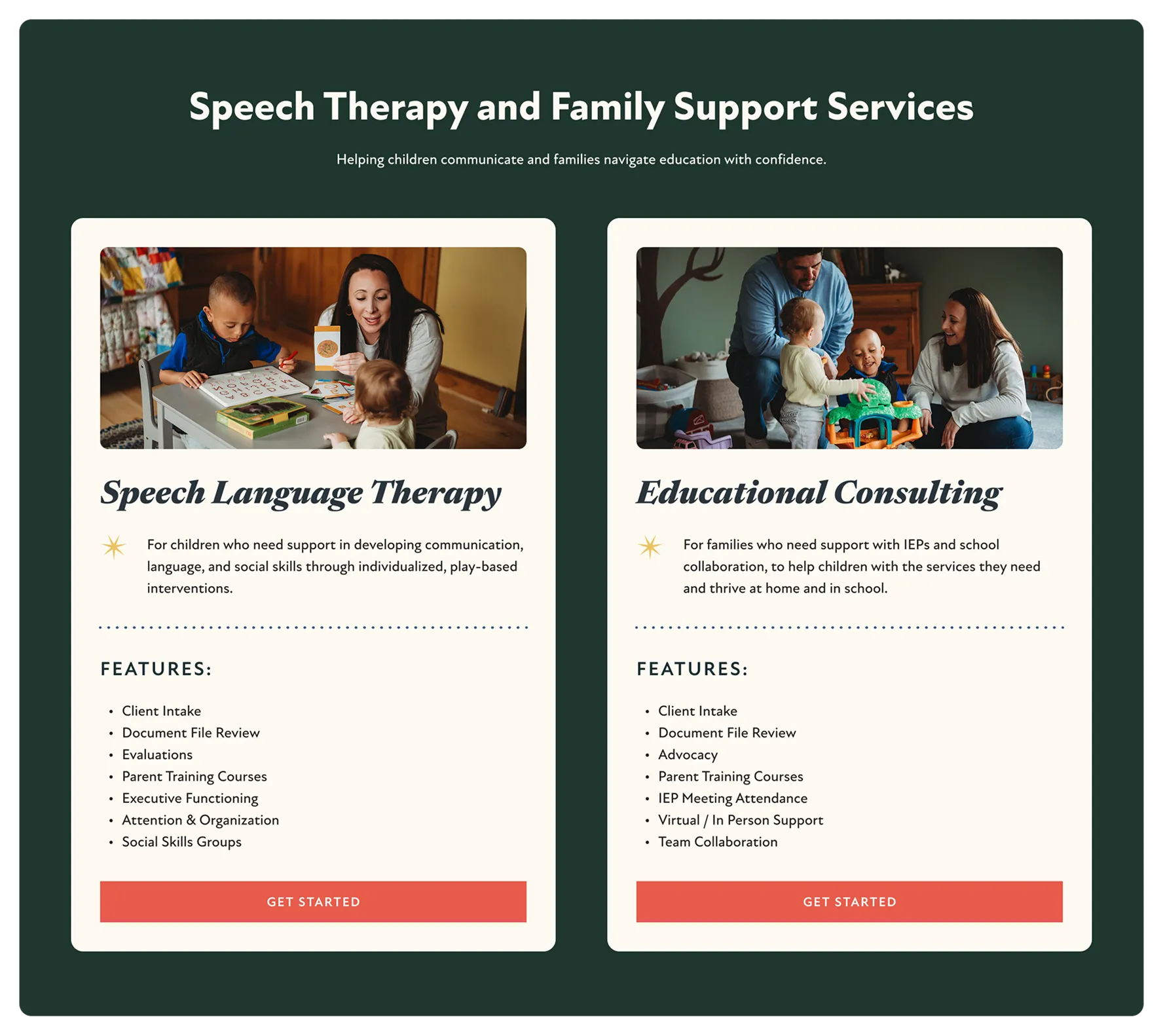 Mockup of services for Speech Language Therapy Nook