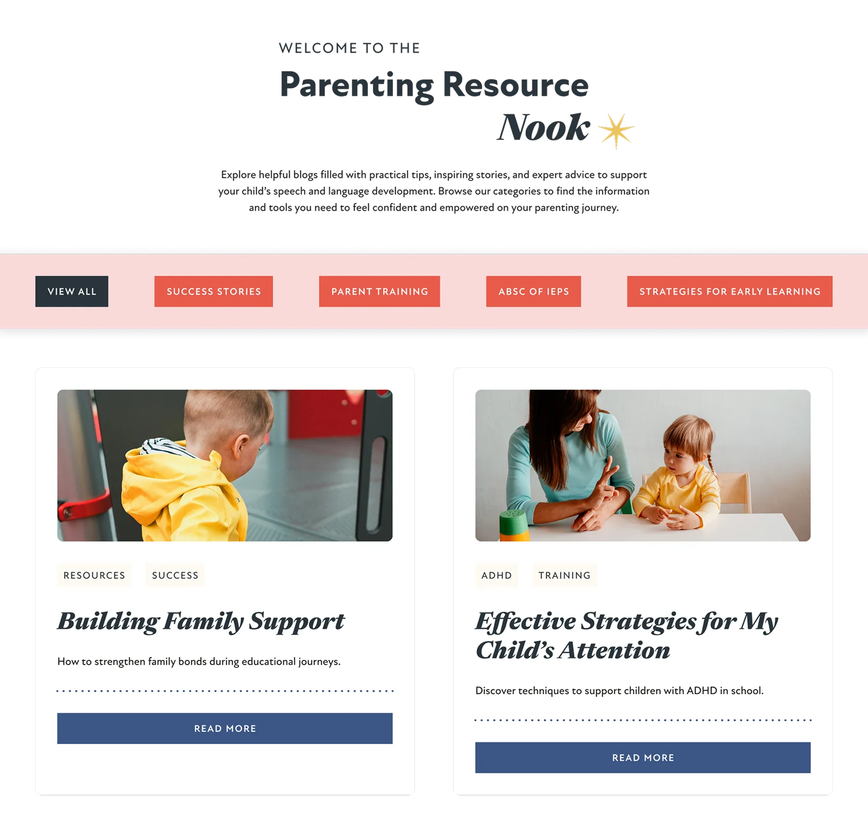 Mockup of Resource page for Speech Language Therapy Nook
