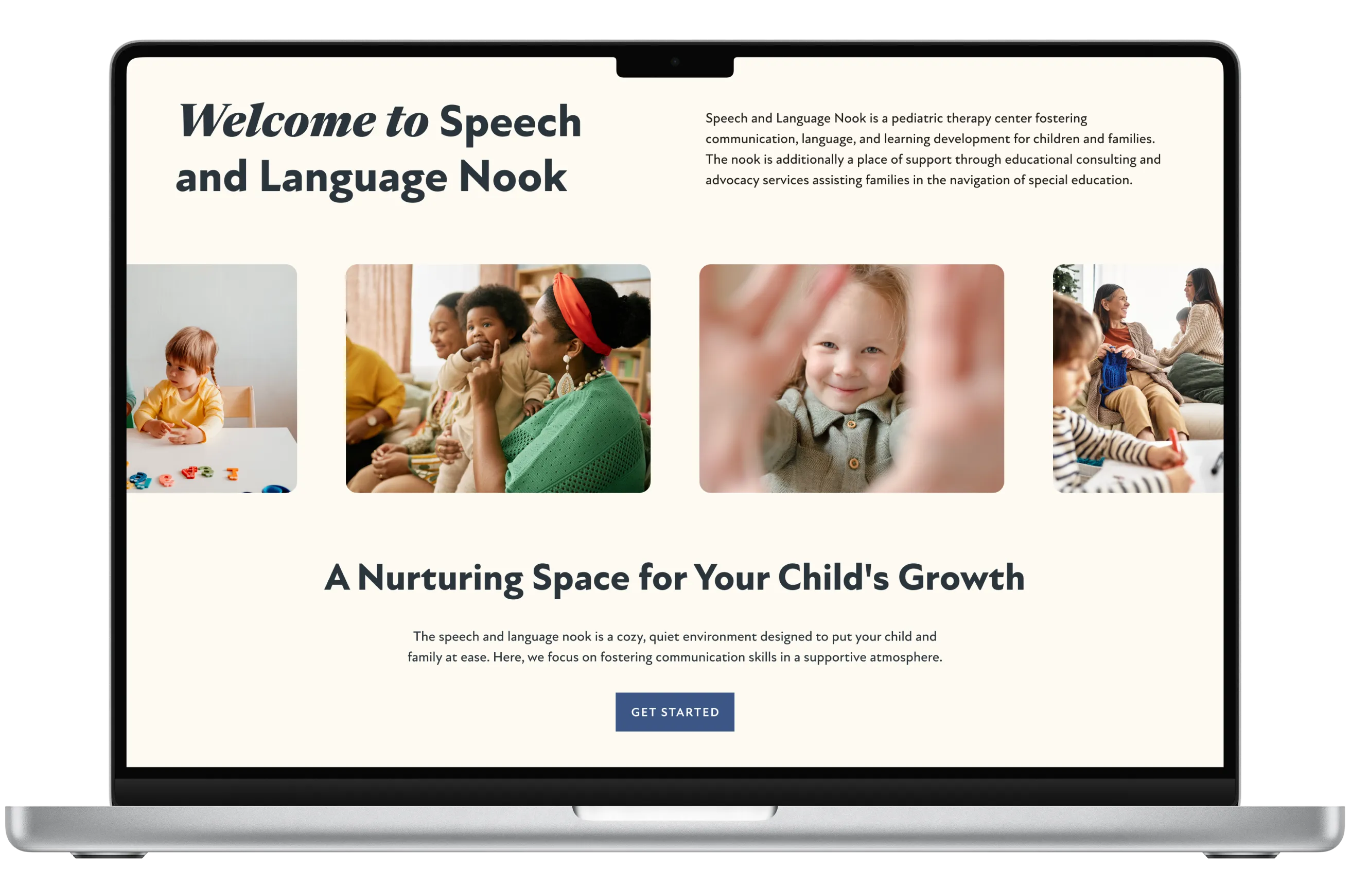 Laptop mockup showing website for Speech Language Therapy Nook