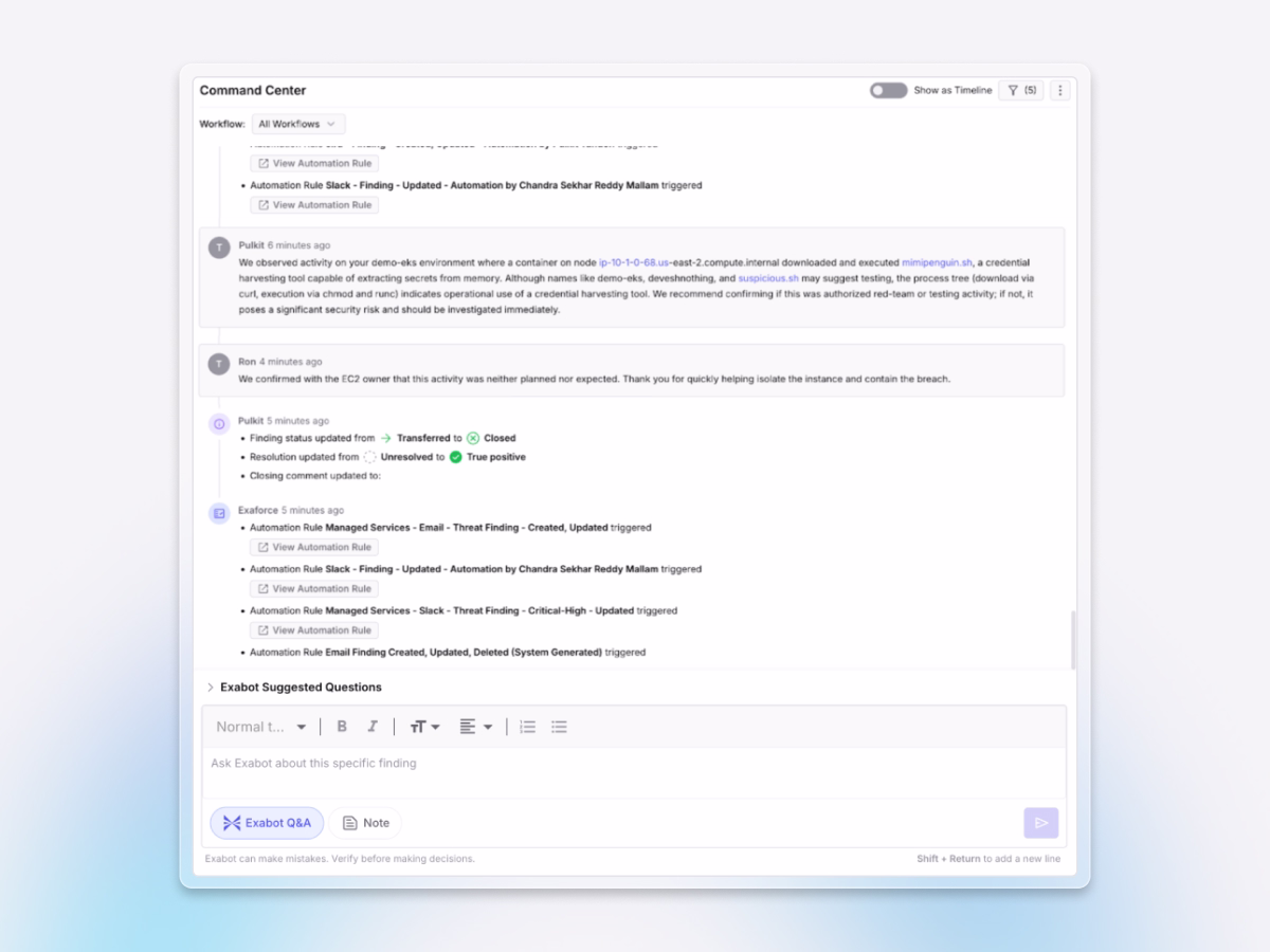 Image of Exaforce Command Center displaying automated reasoning and collaborative investigation workflows