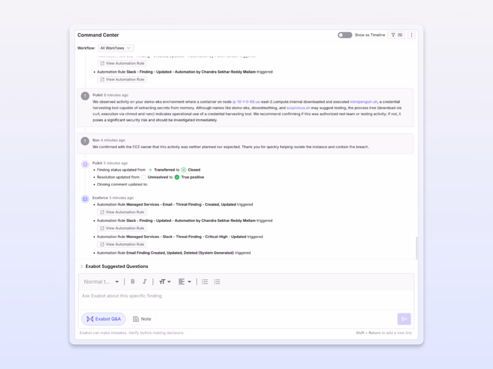 Image of Exaforce Command Center displaying automated reasoning and collaborative investigation workflows