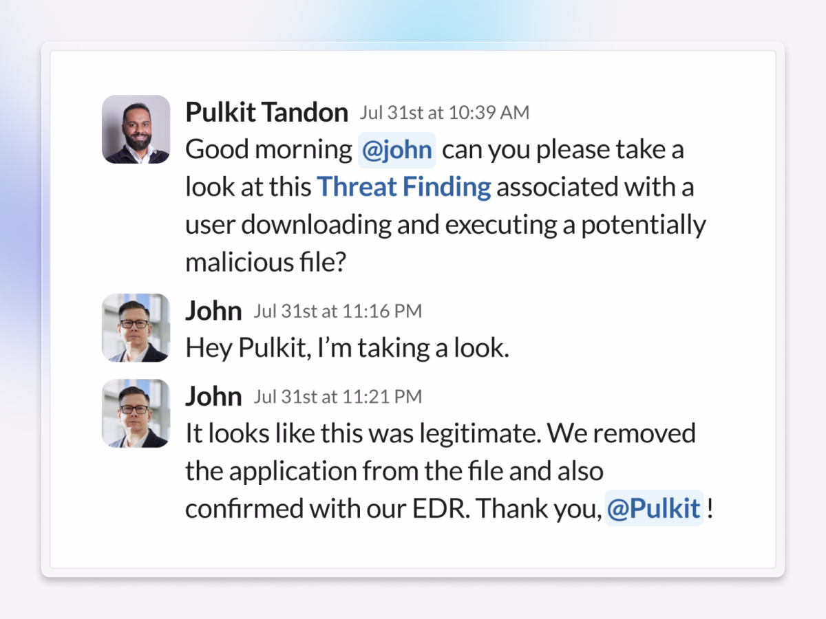 Image of Exaforce chat between analysts resolving a potential threat using AI-assisted investigation