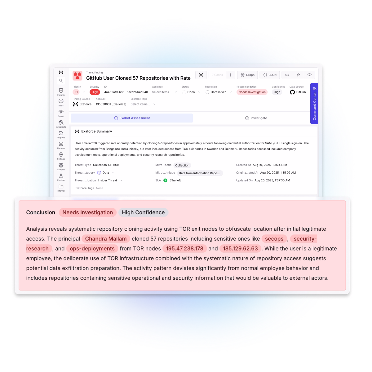 Exaforce dashboard investigating insider threat from suspicious GitHub activity and anomalous data exfiltration