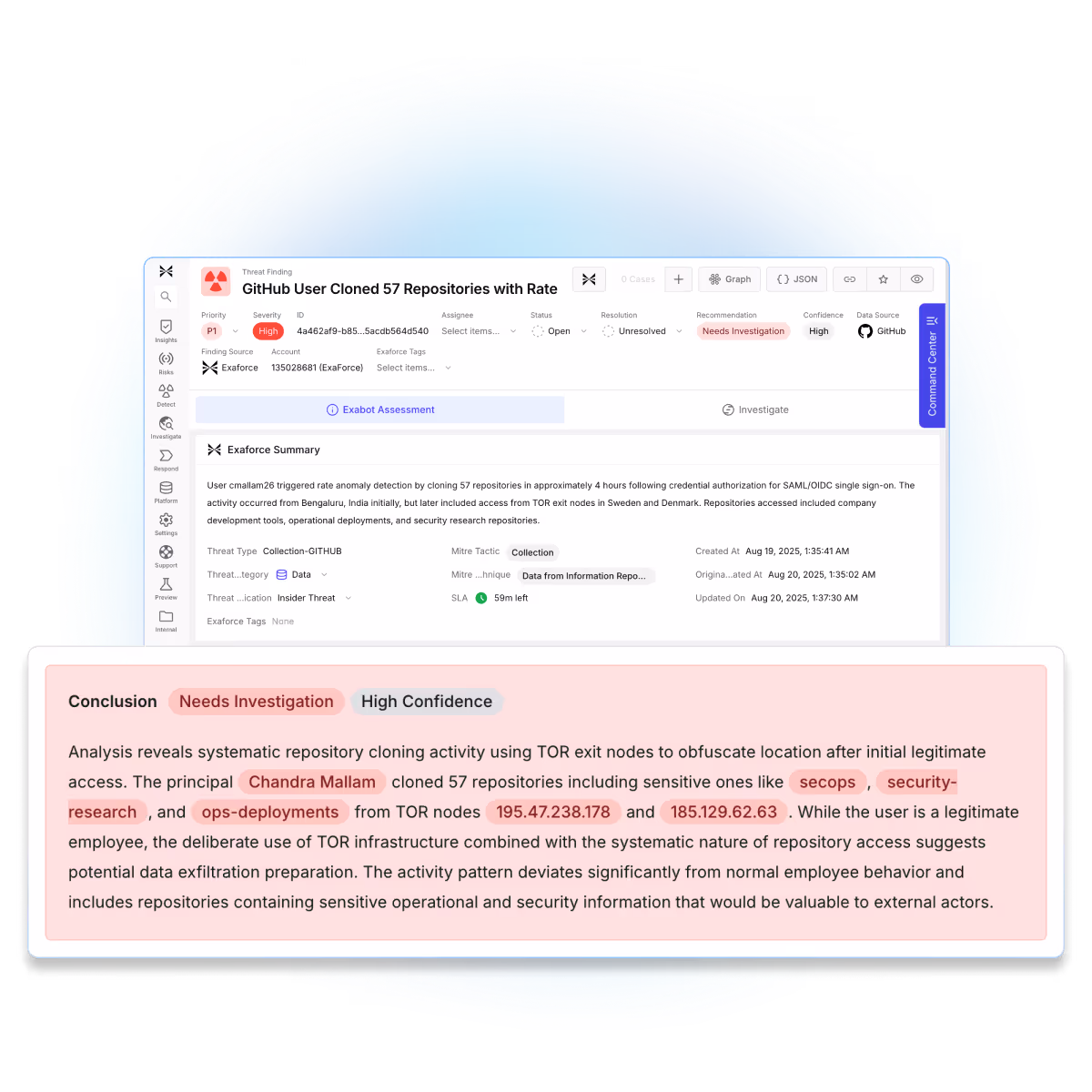 Exaforce dashboard investigating insider threat from suspicious GitHub activity and anomalous data exfiltration