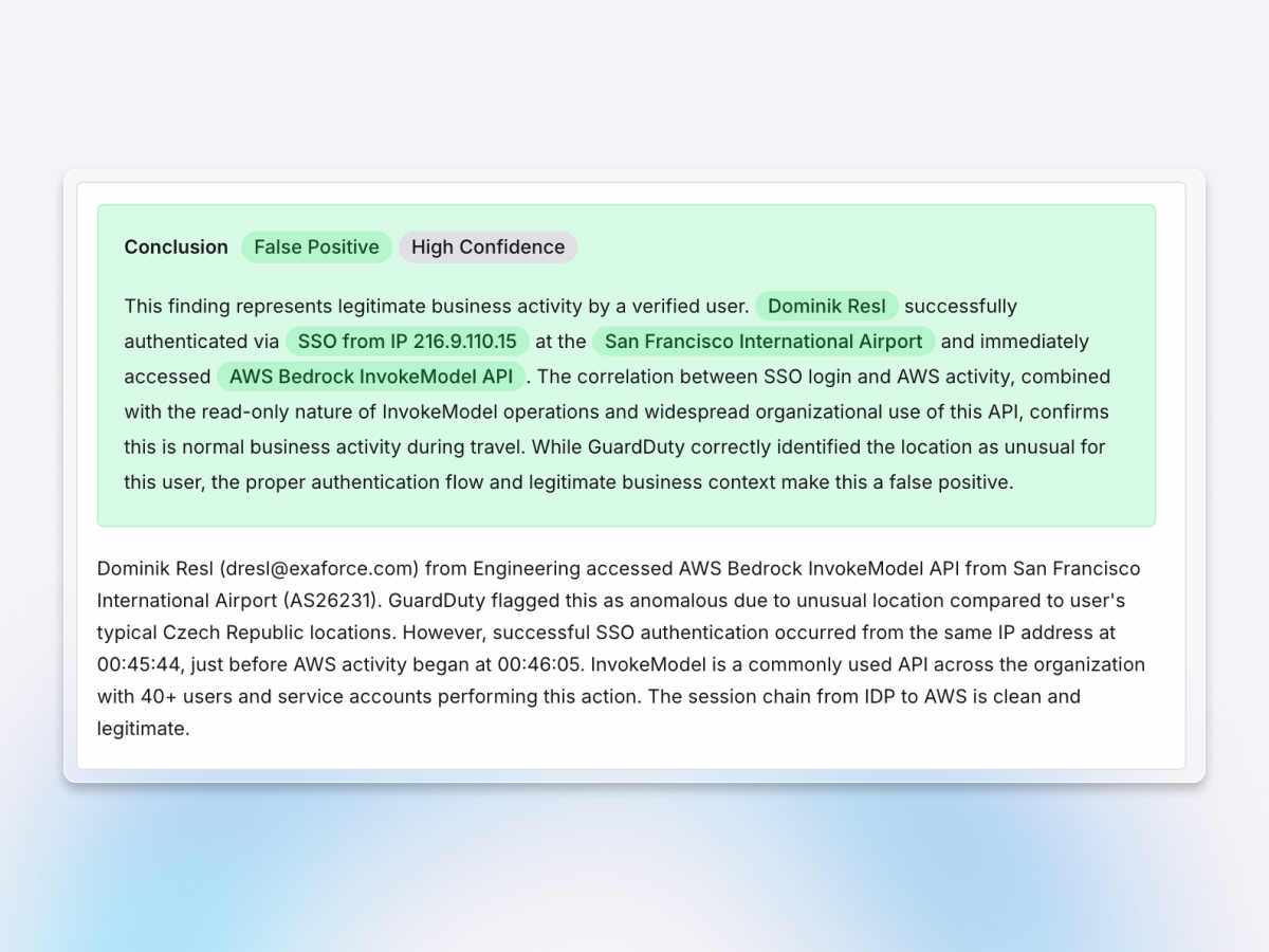 Image showing Exaforce investigation report summarizing verified business activity and AI-based threat classification