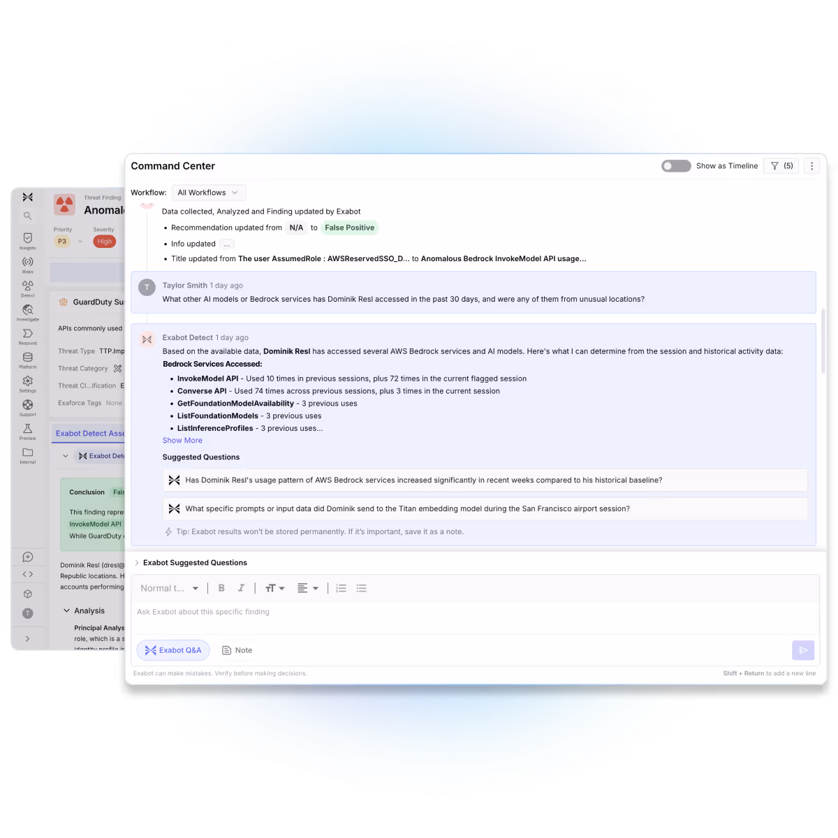 Image of Exaforce Command Center showing AI-powered investigation in a security operations workflow
