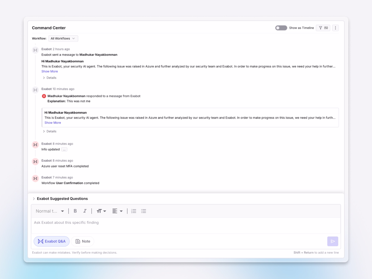 Image of Exaforce Command Center showing automated incident response and Exabot investigation