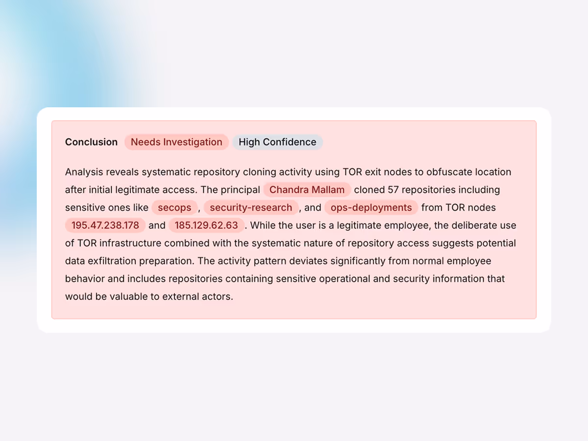 Image of Exaforce finding analysis showing repository risk and investigation details with high confidence