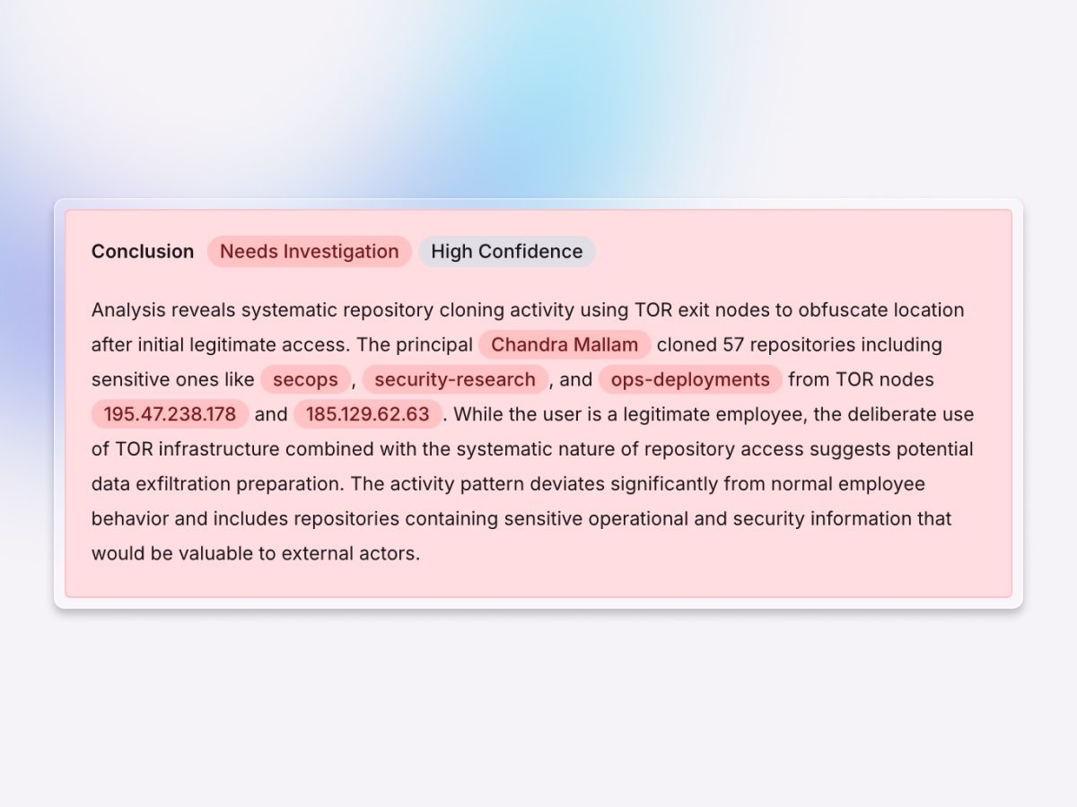 Image of Exaforce finding analysis showing repository risk and investigation details with high confidence