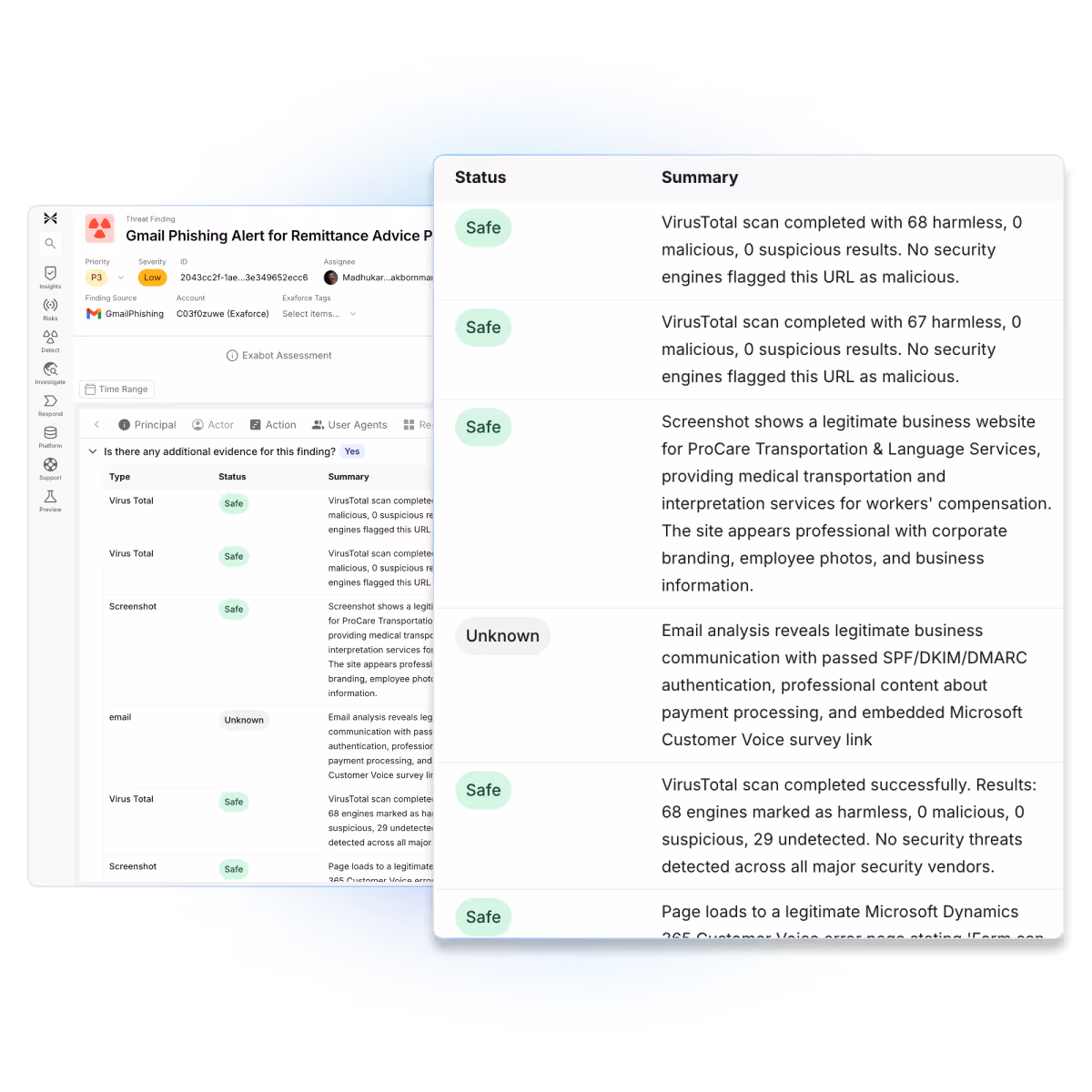 Exaforce Email Attack Surface dashboard triaging Gmail phishing alerts with full evidence context and safe verdicts