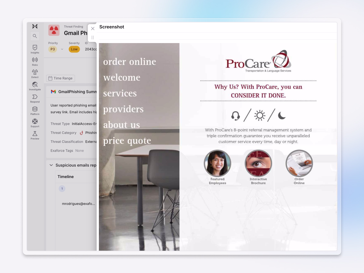 Exaforce email evidence panel displaying embedded website screenshot for phishing verification and analysis