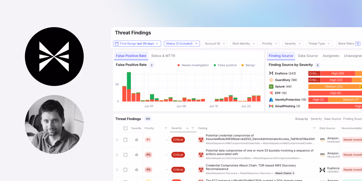 Exaforce dashboard showing AI bots analyzing threat data and alert severity for faster response