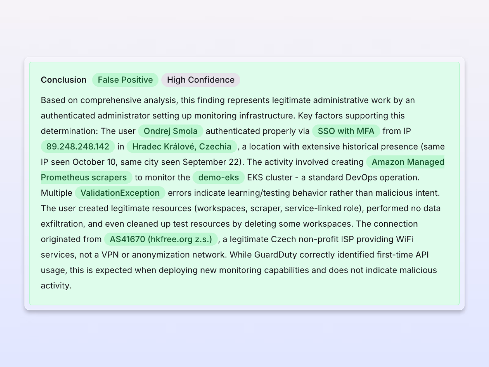 Exaforce Exabot conclusion showing false positive with high confidence