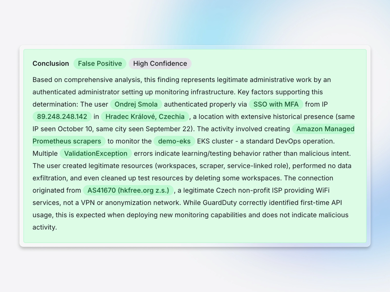 Exaforce Exabot conclusion showing false positive with high confidence