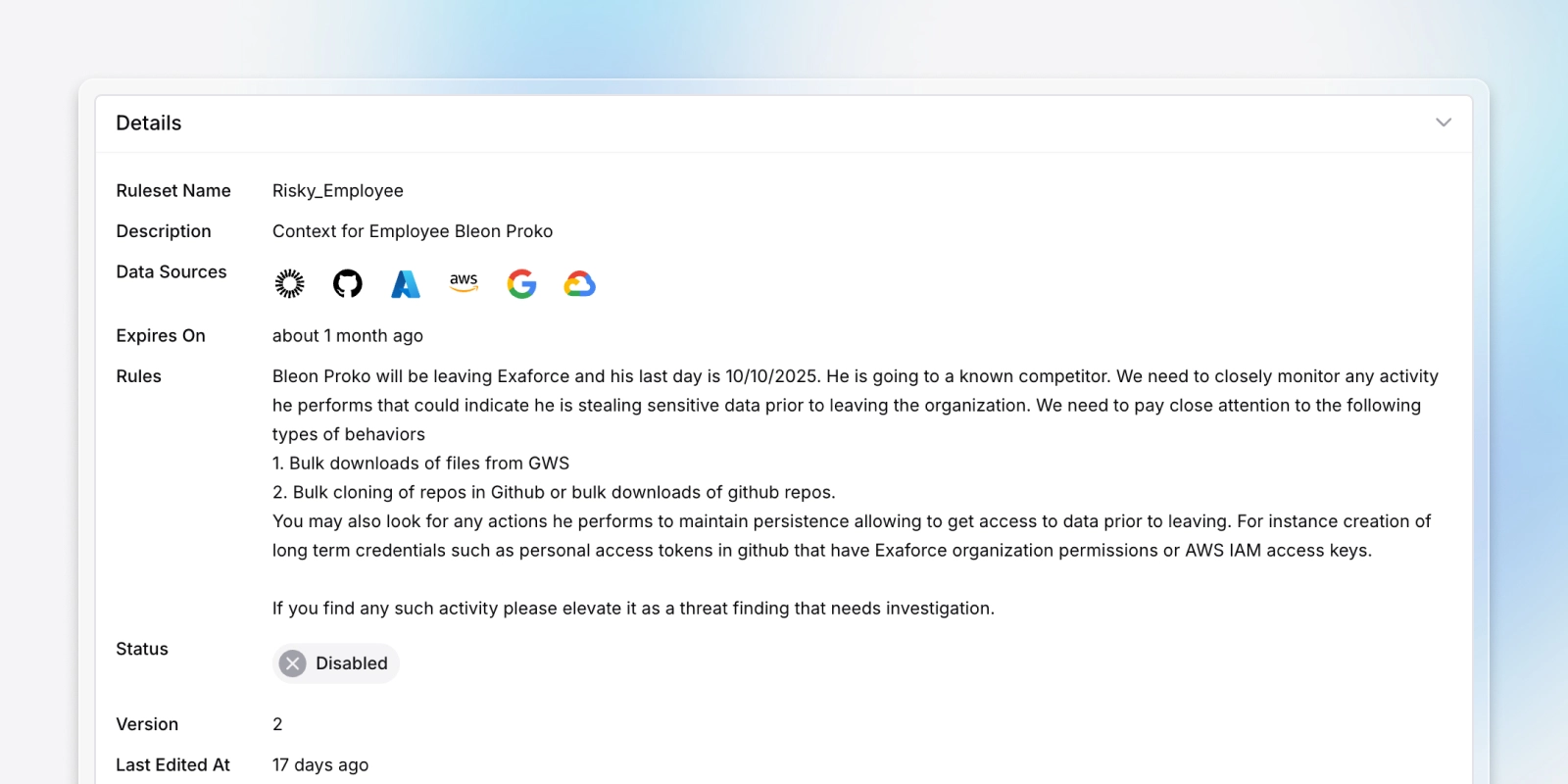 Custom ruleset details showing name, description, data sources and status