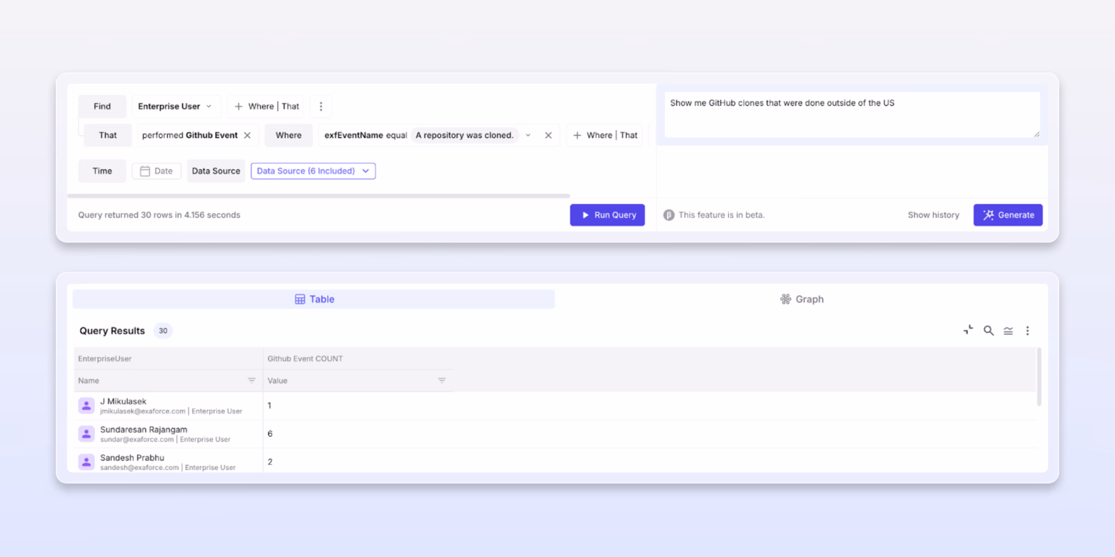 Exaforce query search by query builder or natural language input