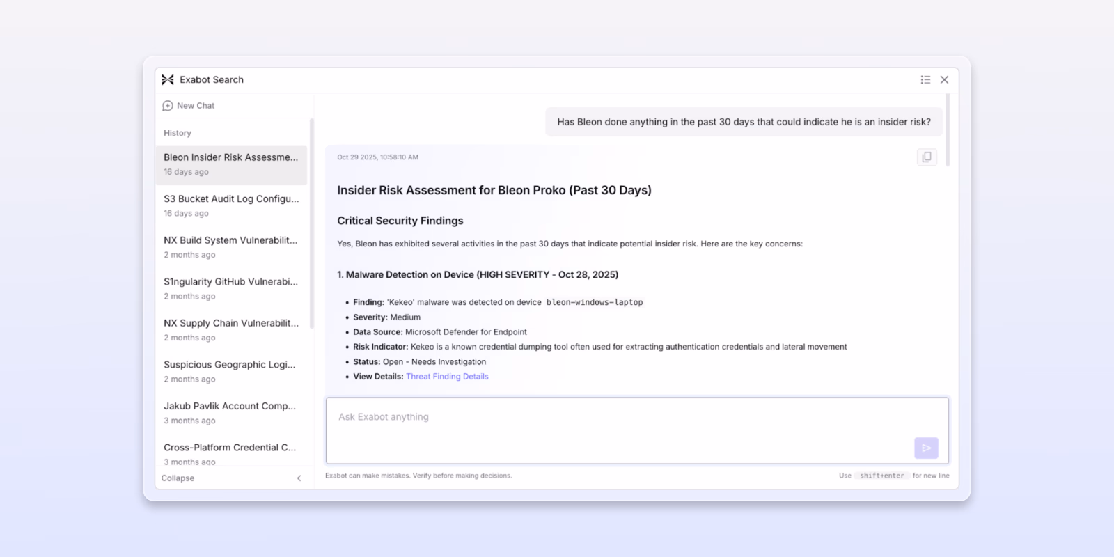 Exaforce Exabot Search showing search results and activity summary