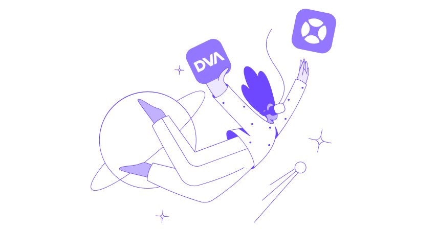 Persona ilustrada navegando en el espacio. Cambiando el logo de Mi DVA a Nauta