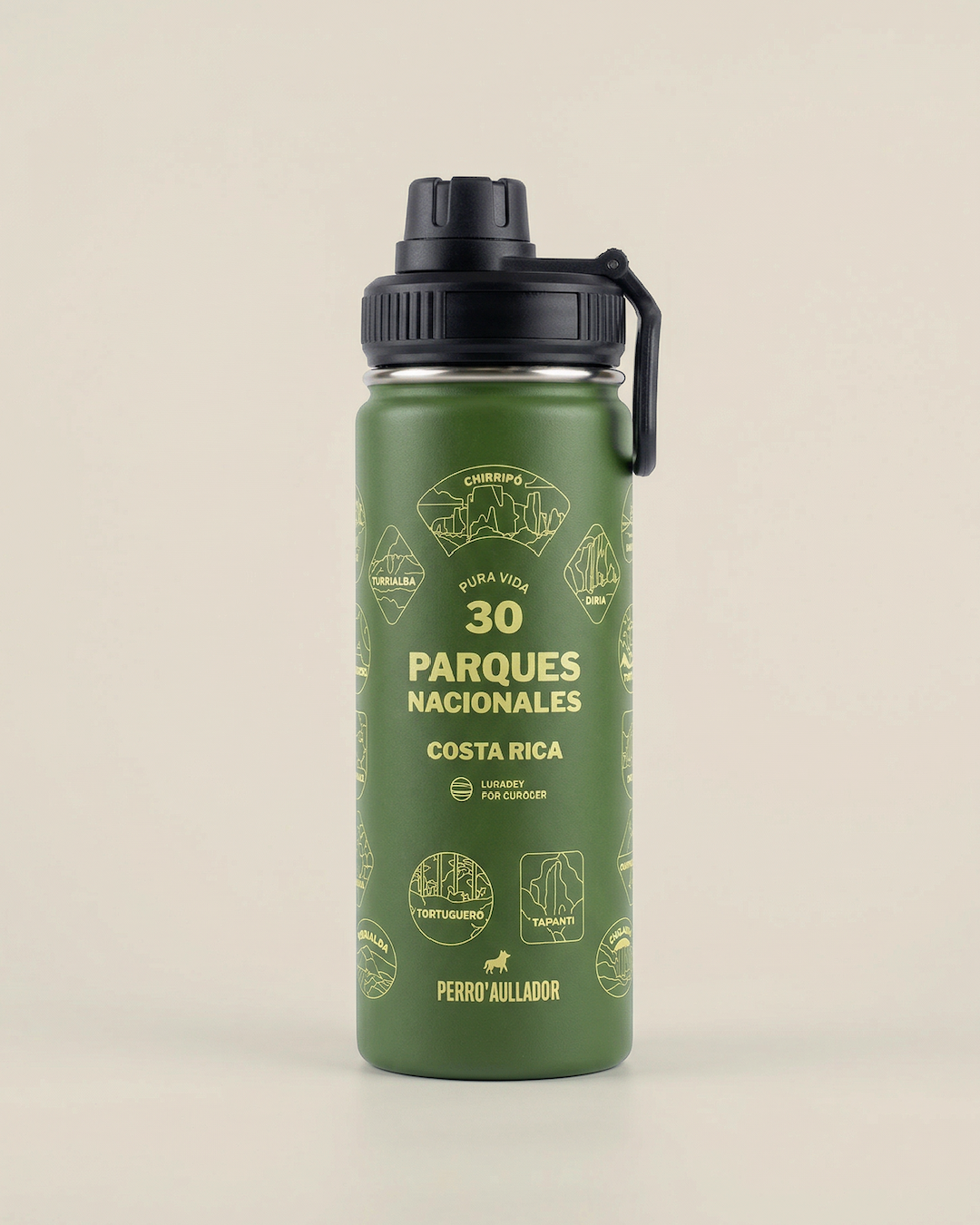 Green water bottle with black cap featuring illustrations and names of 30 national parks in Costa Rica.