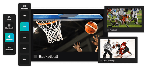 Basketball approaching hoop with hands reaching up, alongside smaller images of football and hockey scenes.