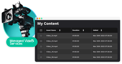 Video camera next to a user interface showing a content list with five video files named Video_12.mp4 to Video_56.mp4, each with duration 01:50:30 and added date Mar 20th 2023 07:30:30, labeled Managed Video Services.