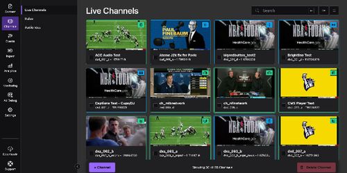 Dashboard interface showing multiple live video channels with preview thumbnails and control options in a grid layout.