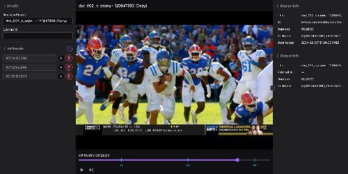American football game scene with a player in white running with the ball, pursued by players in red and blue uniforms.