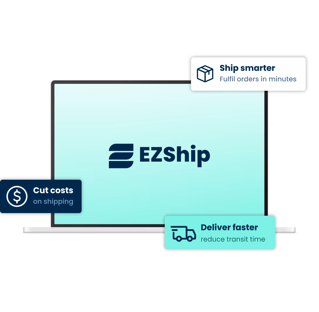 Illustration highlighting EZShip benefits: cut costs, deliver faster, fulfil orders in minutes
