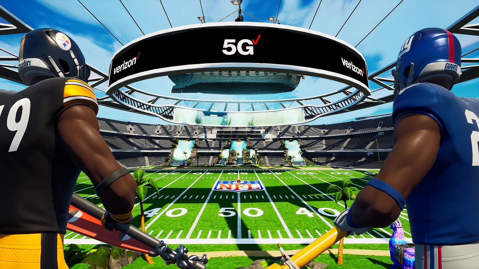 Two football players facing the Verizon 5G Stadium in Fortnite