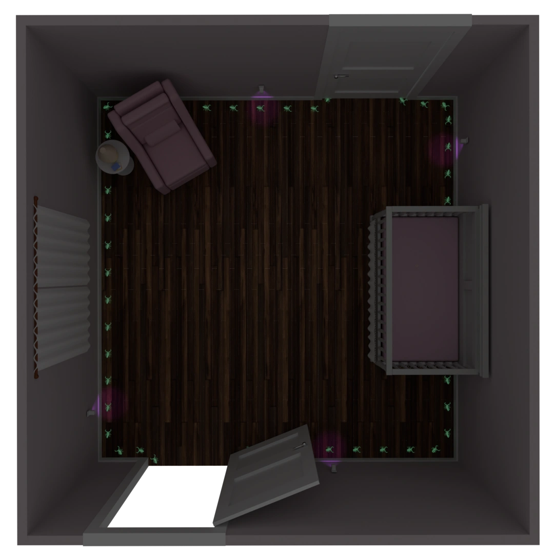 A diagram of a room where a scorpion hugs the perimeter, a behavior known as thigmotaxis.