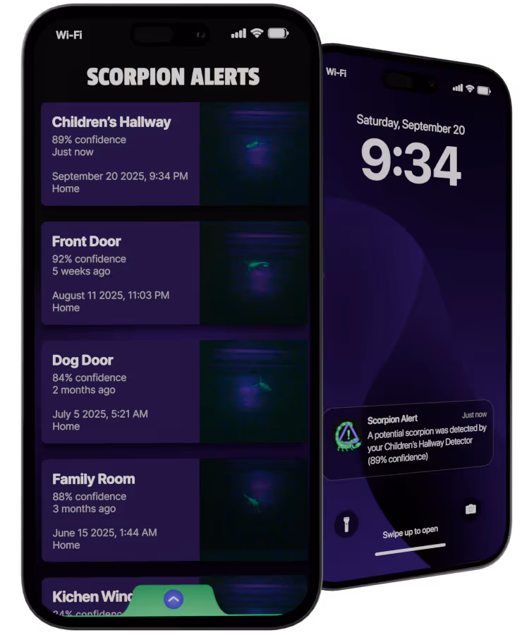 Two smartphones displaying a scorpion alert app; the first screen shows alert history with locations and confidence levels, the second screen shows a lock screen notification of a scorpion detected in the Children's Hallway with 89% confidence.