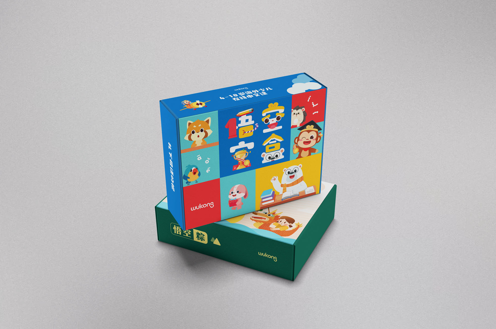 Colorful children's educational box with cartoon animals and characters stacked on a green box.