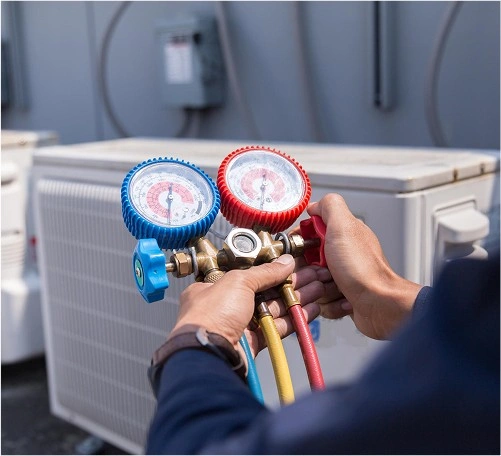 Technician using pressure gauges to check HVAC system refrigerant levels