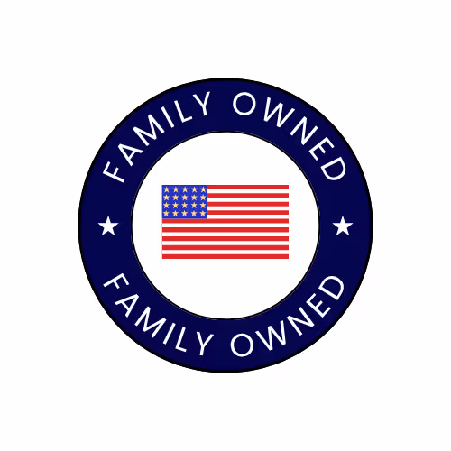 Family owned business logo with American flag in navy blue circle