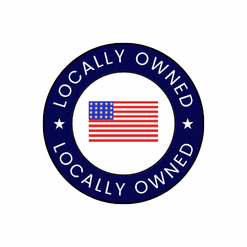 Locally owned business logo with American flag in center