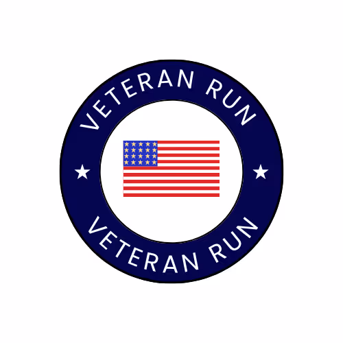 Veteran Run logo with American flag, circular navy blue design